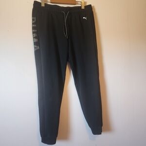 PUMA Black Training Jogger Pants Mesh Side Label Vertical Wordmark Logo Size L
